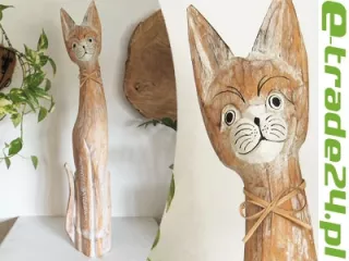 Figurka Koty Rzeźba Drewniana KOT 60cm Rękodzieło Beż