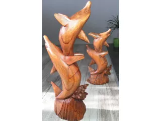 Figurka Rzeźba DELFINY Drewno Suar Rękodzieło 30cm