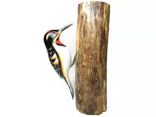 Dzięcioł Ptak na Gałęzi z drewna Tekowego Rękodzieło