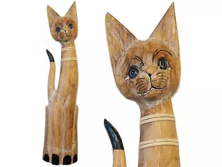 Figurka Koty Rzeźba Drewniana KOT 80cm Rękodzieło Beż