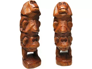 Rzeźba 3 MAŁPY Drewno Suar Rękodzieło Orient 20cm