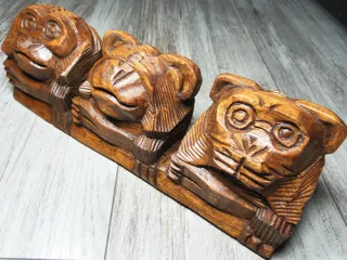 Rzeźba 3 MAŁPY Drewno Suar Rękodzieło Orient 25cm