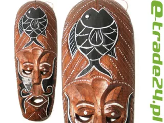 Rzeźba Maska z Drewna Etniczna z Rybą 30cm Rękodzieło Orient