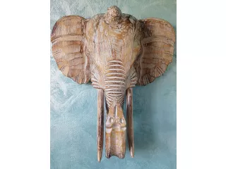 Rzeźba Maska Głowa SŁOŃ Drewno - Rękodzieło 40cm Beż/Brąz/Biały