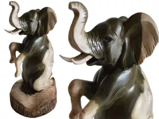 Rzeźba Figurka SŁOŃ Drewno Hibiskus Rękodzieło 29cm