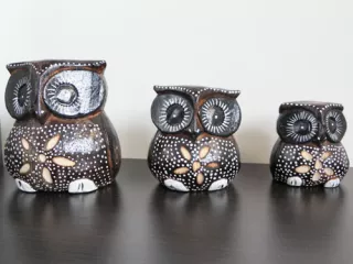 Figurki Rzeźby Drewno SOWA komplet 3 Sowy Rękodz.