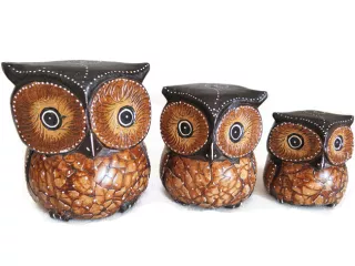 Figurki Rzeźby Drewno SOWA komplet 3 Sowy Rękodz.