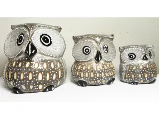 Figurki Rzeźby z Drewna SOWA kpl 3szt Sowy Szare