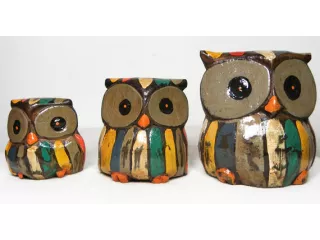 Figurki Rzeźby z Drewna SOWA kpl 3szt Sowy Retro do 11,5cm