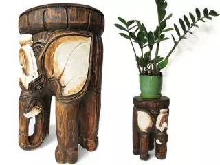 Stołek Postument Kwietnik Stolik Rzeźba SŁOŃ Drewno 38x21cm Brąz