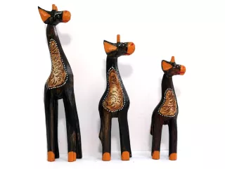 Figurki Rzeźby 3szt kpl ŻYRAFY Drewno Rękodzieło Brąz