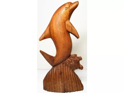 Figurka Rzeźba DELFIN z Drewna Suar Rękodzieło 30cm