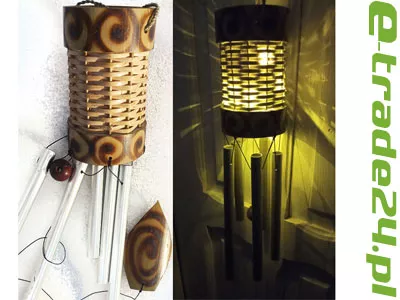 Dzwonek Wietrzny Bambus, Rattan + 5 rurek metal Gong + Lampki LED