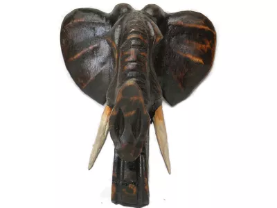Rzeźba Maska Głowa SŁOŃ Drewno - Rękodzieło 50x42 Brąz