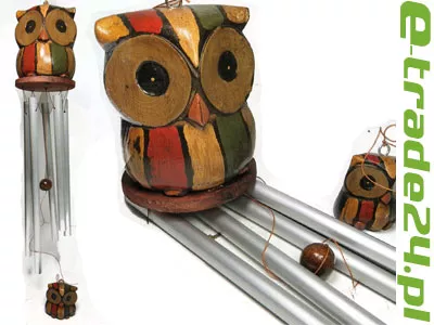 Dzwonek Wietrzny GONG Drewno SOWY Metalowe rurki 12mm Retro