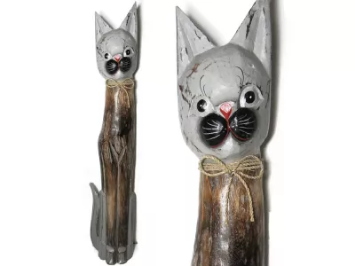 Figurka Koty Rzeźba Drewniana KOT 60cm Rękodzieło Beż/Szary