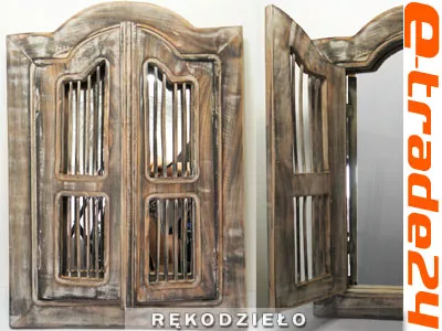 Piękna Drewniana OKIENNICA z Lustrem Rękodzieło Szary