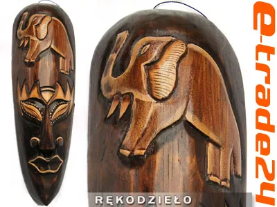 Rzeźba Maska z Drewna Rękodzieło 20cm SŁOŃ Orient