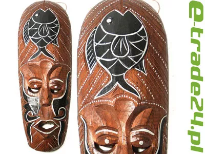 Rzeźba Maska z Drewna Etniczna z Rybą 30cm Rękodzieło Orient