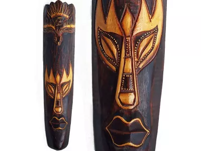 Rzeźba Maska z Drewna z Ptakiem 50cm Rękodzieło Orient