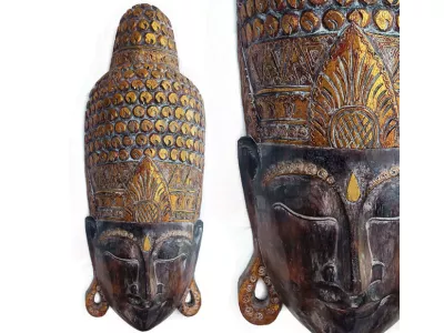 Efektowna Rzeźba, Maska XXL - BUDDA - Drewno, Rękodzieło 80x30cm