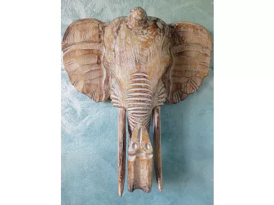 Rzeźba Maska Głowa SŁOŃ Drewno - Rękodzieło 40cm Beż/Brąz/Biały