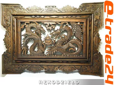 Rzeźba Drewno Suar Panel SMOKI Rękodzieło 70x50cm w RAMIE