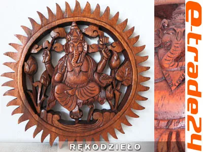 Rzeźba drewno suar Panel GANESHA Rękodzieło 30cm