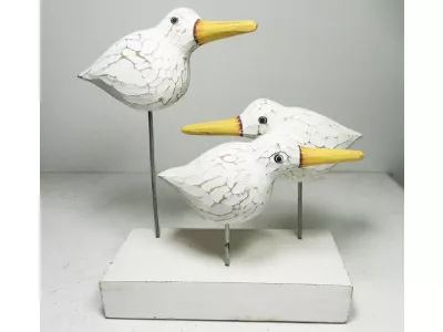 Rzeźba 3 PTAKI Drewno Rękodzieło Biały Postarzany