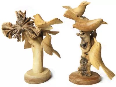 Rzeźba Drewno Suar PTAKI na Drzewie Rękodzieło