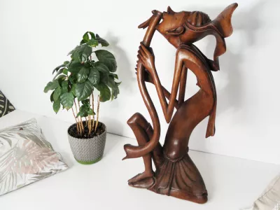 RZEŹBA Drewniana Abstrakcja z Fletem 53cm Rękodzieło Unikat