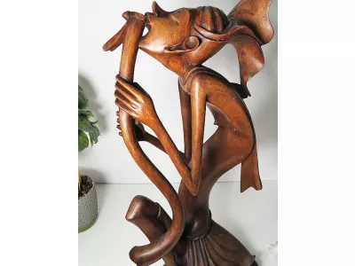 RZEŹBA Drewniana Abstrakcja z Fletem 53cm Rękodzieło Unikat