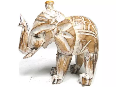 Rzeźba Figurka Beż/Biały SŁOŃ Indyjski z Drewna Rękodzieło 13cm