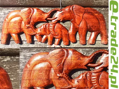 Rzeźba Płaskorzeźba Obraz SŁONIE Drewno 50cm Rękodzieło Orient