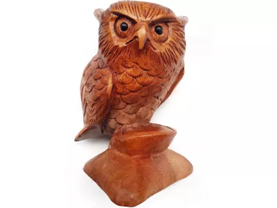 Rzeźba drewno Misterna SOWA Rękodzieło Figurka z Drewna Suar