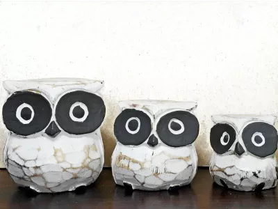 Figurki Rzeźby Drewno SOWA komplet 3 Sowy Rękodzieło Białe
