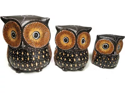 Figurki Rzeźby Drewno SOWA komplet 3 Sowy Rękodz.