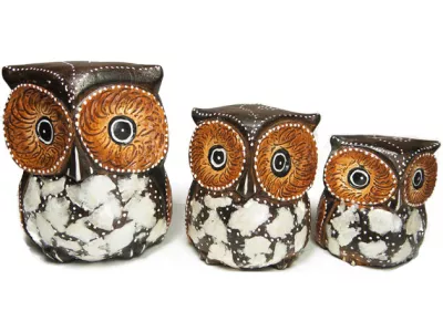 Figurki Rzeźby Drewno SOWA komplet 3 Sowy Rękodz.