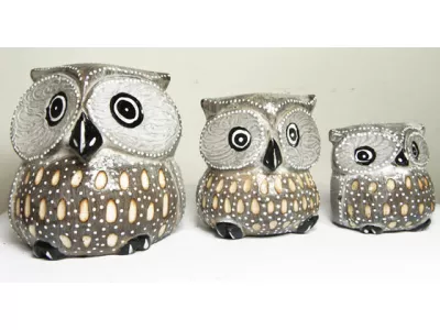 Figurki Rzeźby z Drewna SOWA kpl 3szt Sowy Szare