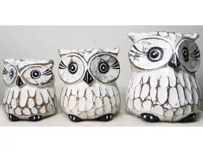 Figurki Rzeźby z Drewna SOWA kpl 3szt Sowy Białe