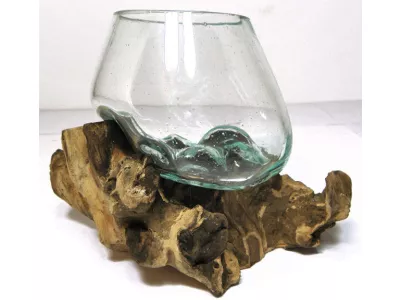 Rzeźba SZKŁO na Korzeniu Teak Wazon - Elegancka Dekoracja M