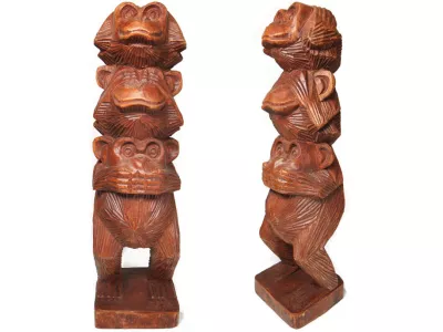 Rzeźba 3 MAŁPY Drewno Suar Rękodzieło Orient 29cm